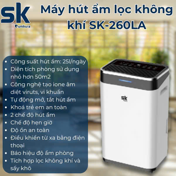 Máy hút ẩm lọc không khí Sumikura 25 lít SK-260LA